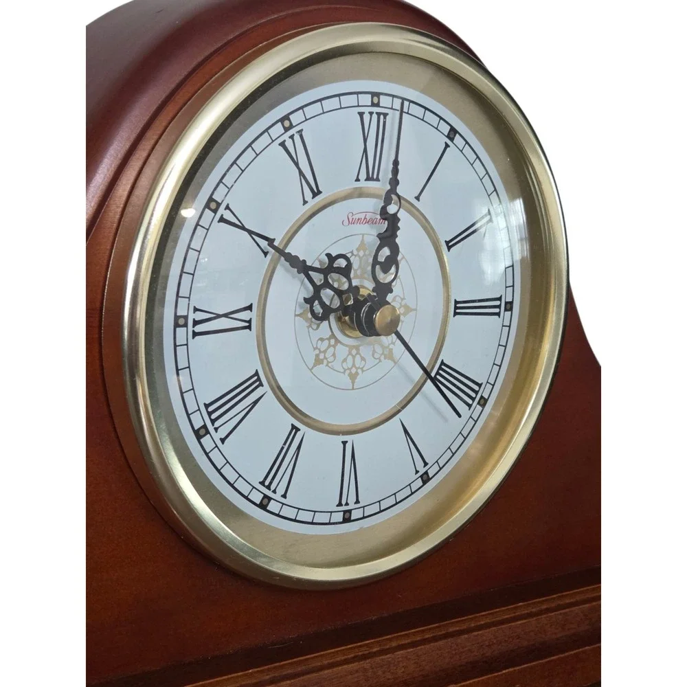 Vintage Sunbeam Oster Gold Elegant Mantel Clock Quartz Cherry Wood #88634 WORKS